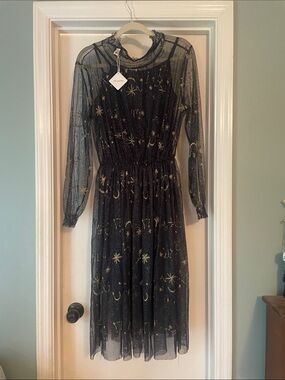 Sheer Black Midi Dress with Gold Star Embroidery